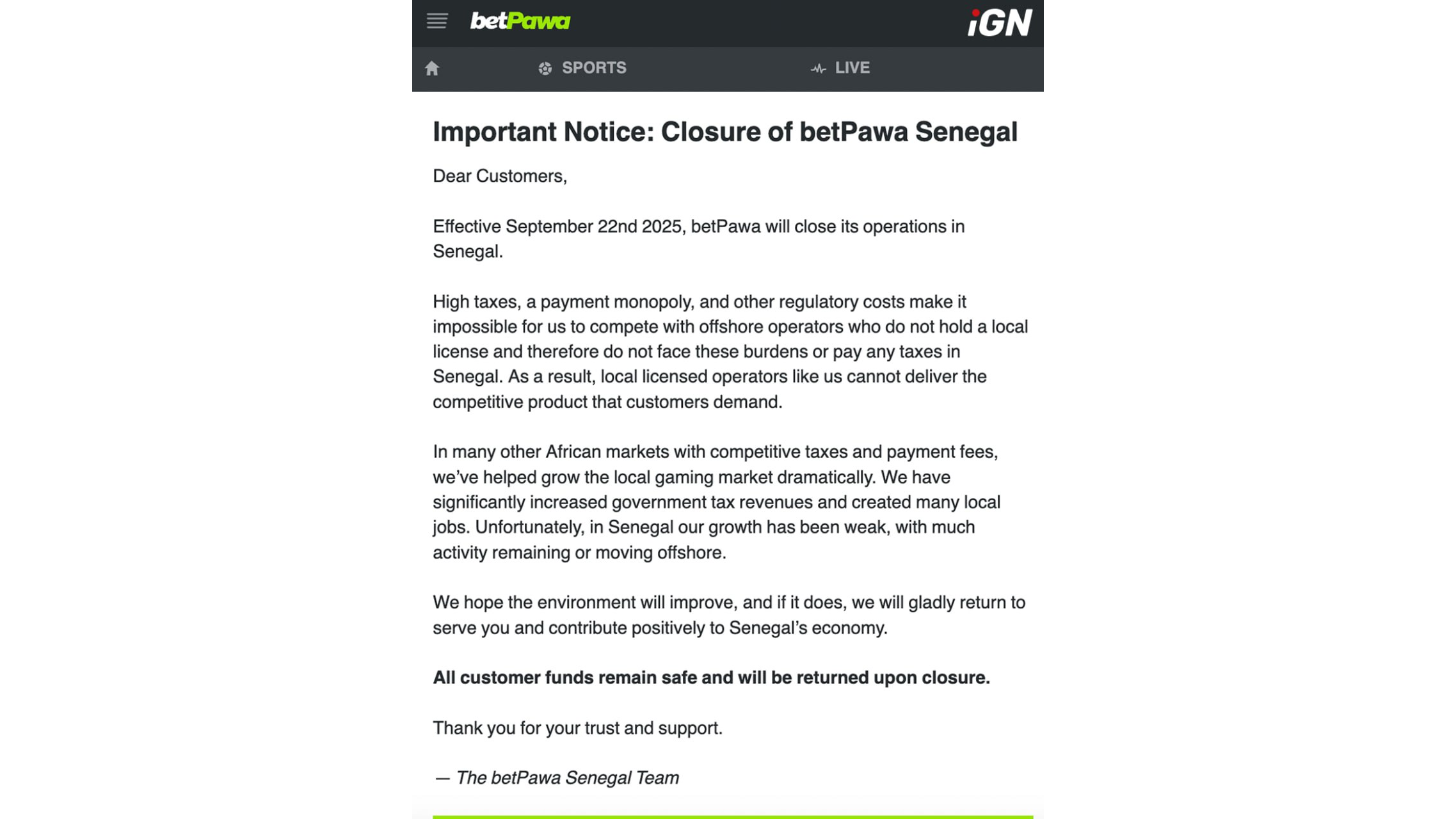 BetPawa Exits Senegal Market Due to Taxes